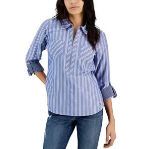 Tommy Hilfiger Half Zip Roll Tab Preppy Blue Stripe Logo Blouse Coastal Womens M